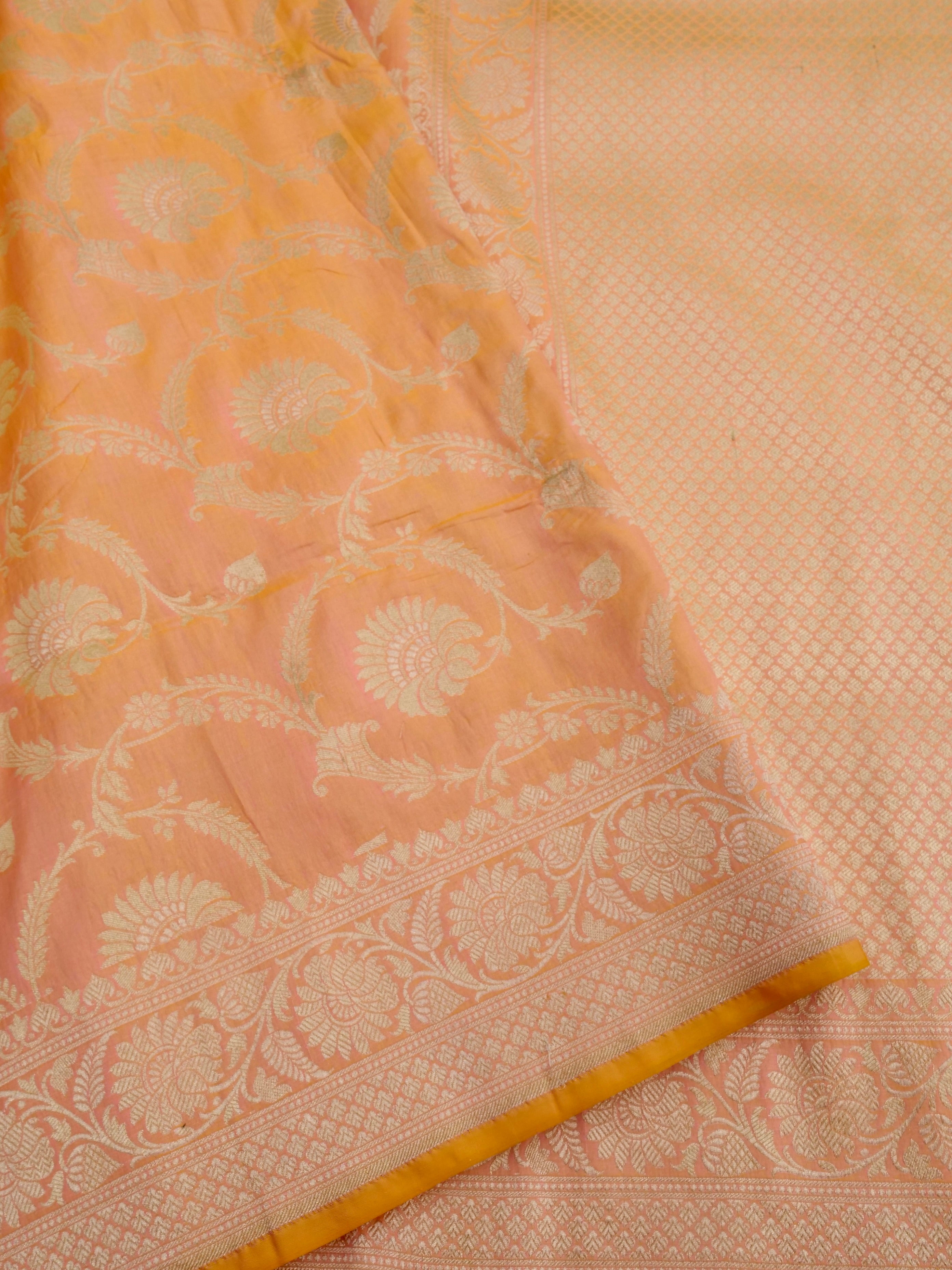 Peach  Handwoven Pure Kataan Silk Jangla Banarasi Saree