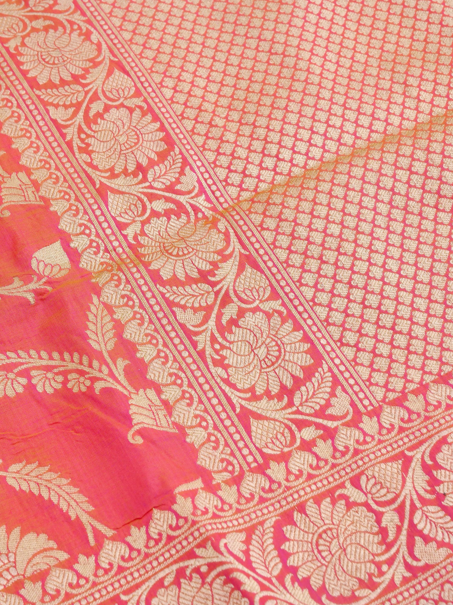 Pink Handwoven Kataan Silk Jangla Banarasi Saree