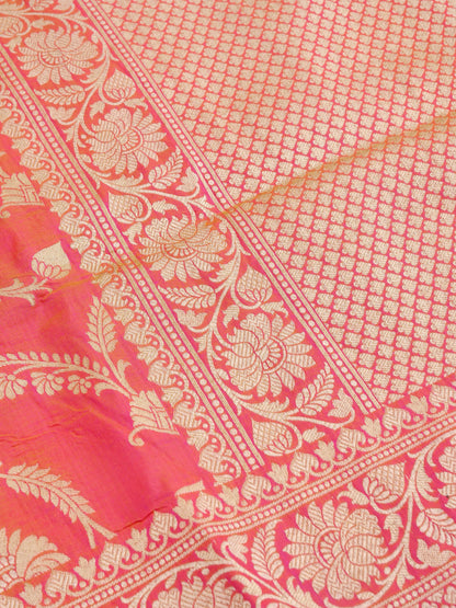 Pink Handwoven Kataan Silk Jangla Banarasi Saree