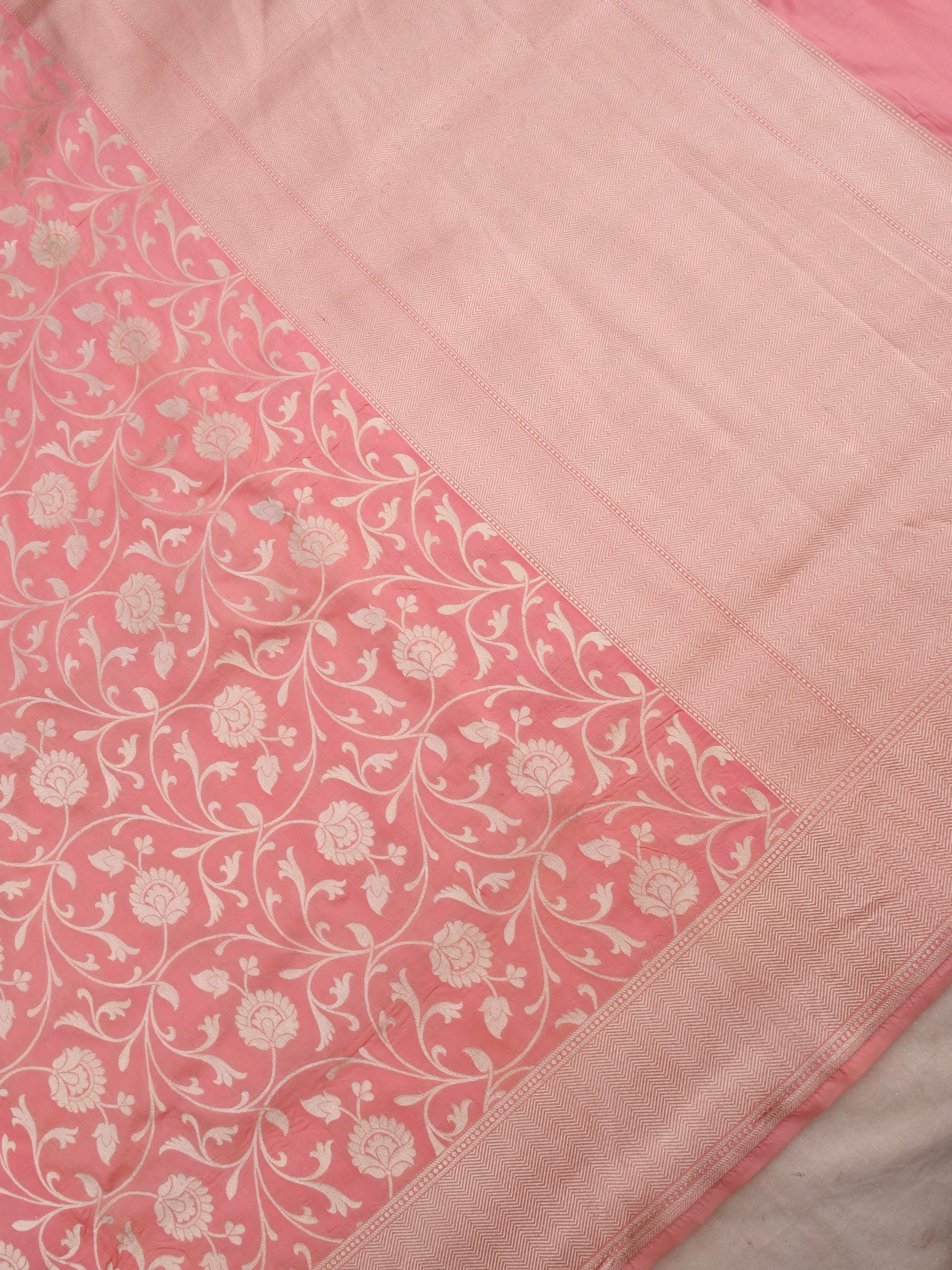 Peach-Pink Handwoven Kataan Silk Jangla Banarasi Saree