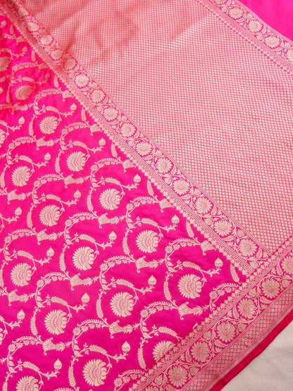 Pink Handwoven Kataan Silk Jangla Banarasi Saree
