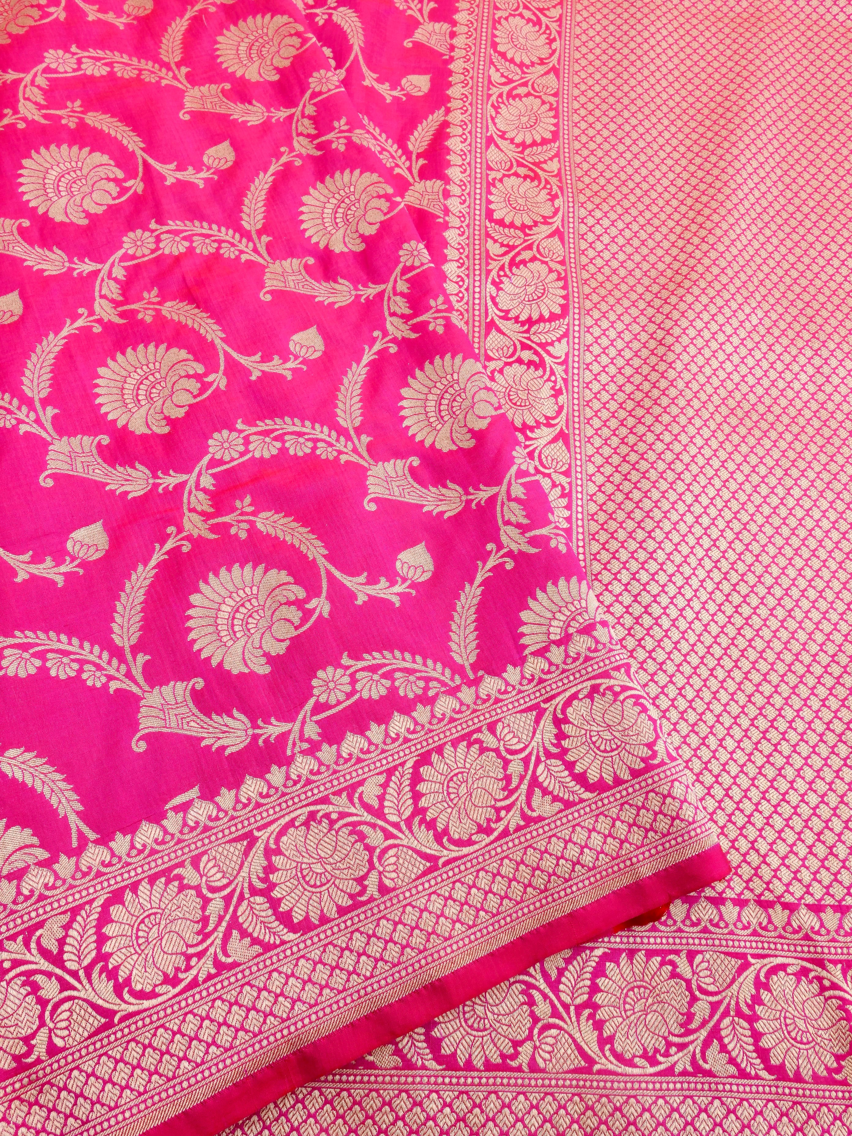 Pink Handwoven Kataan Silk Jangla Banarasi Saree