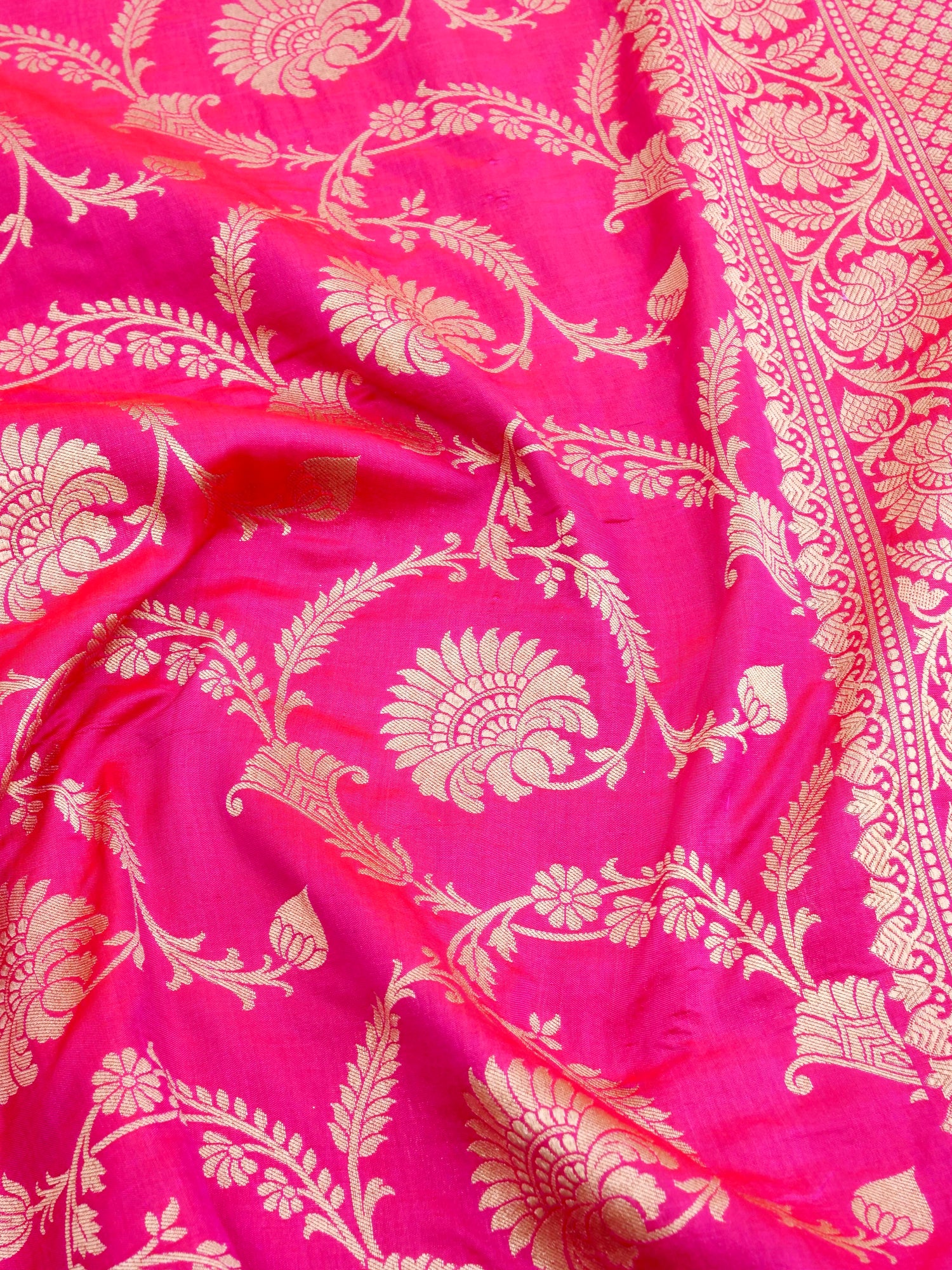 Pink Handwoven Kataan Silk Jangla Banarasi Saree