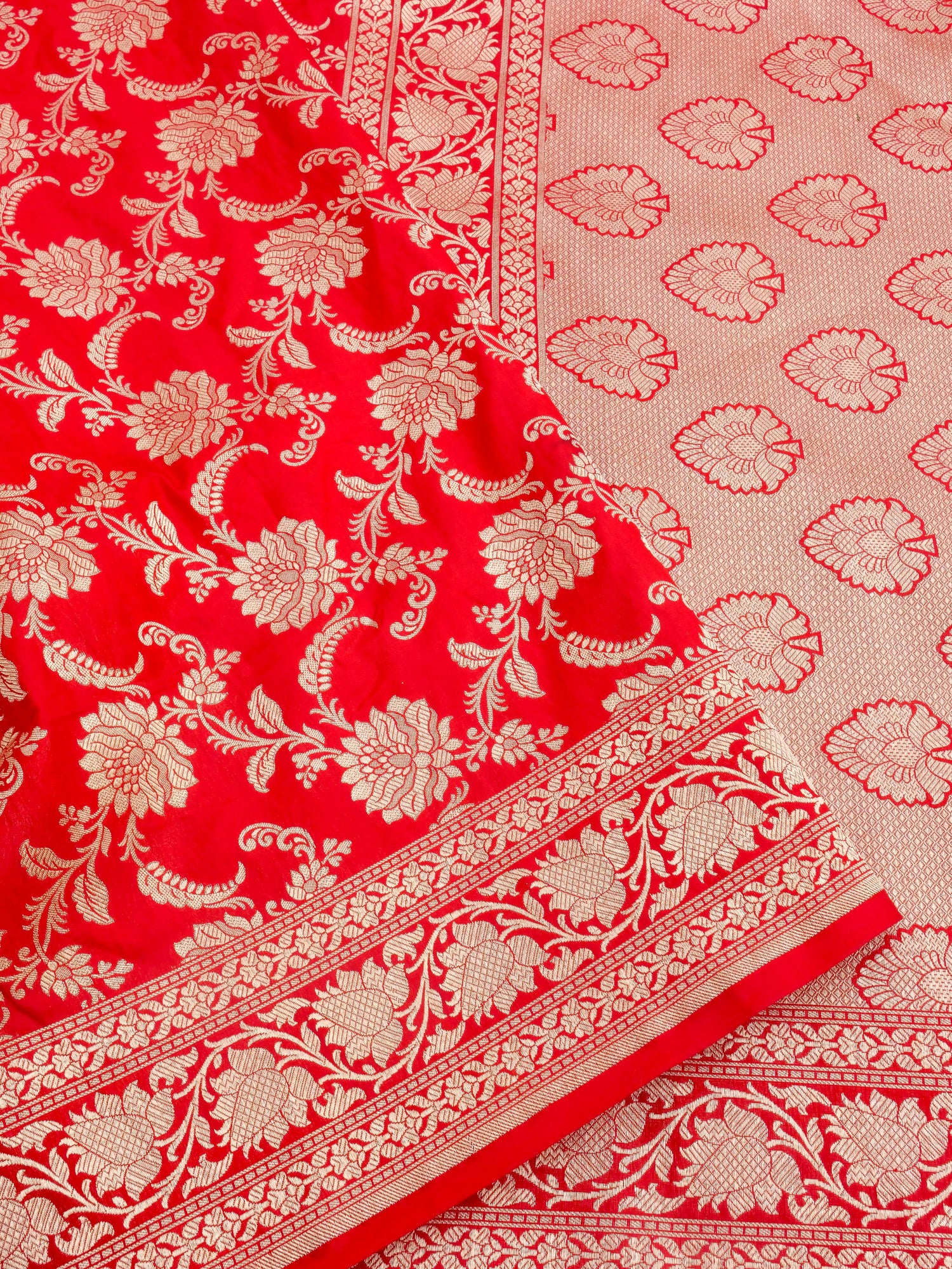 Red Handwoven Kataan Silk Jangla Banarasi Saree