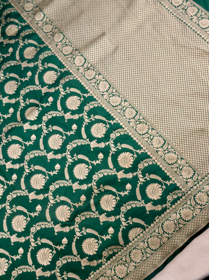 Green Handwoven Kataan Silk Jangla Banarasi Saree