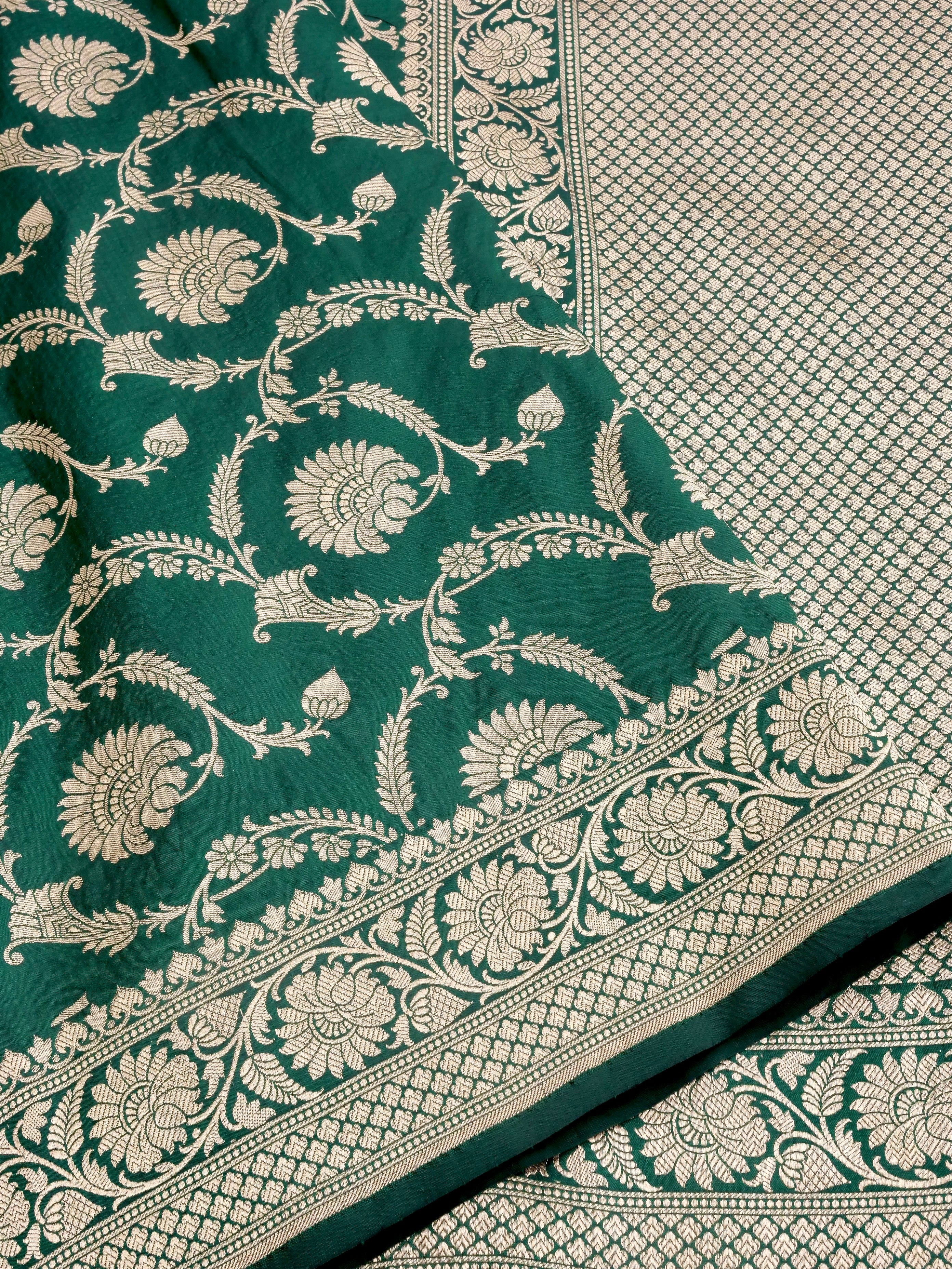 Green Handwoven Kataan Silk Jangla Banarasi Saree