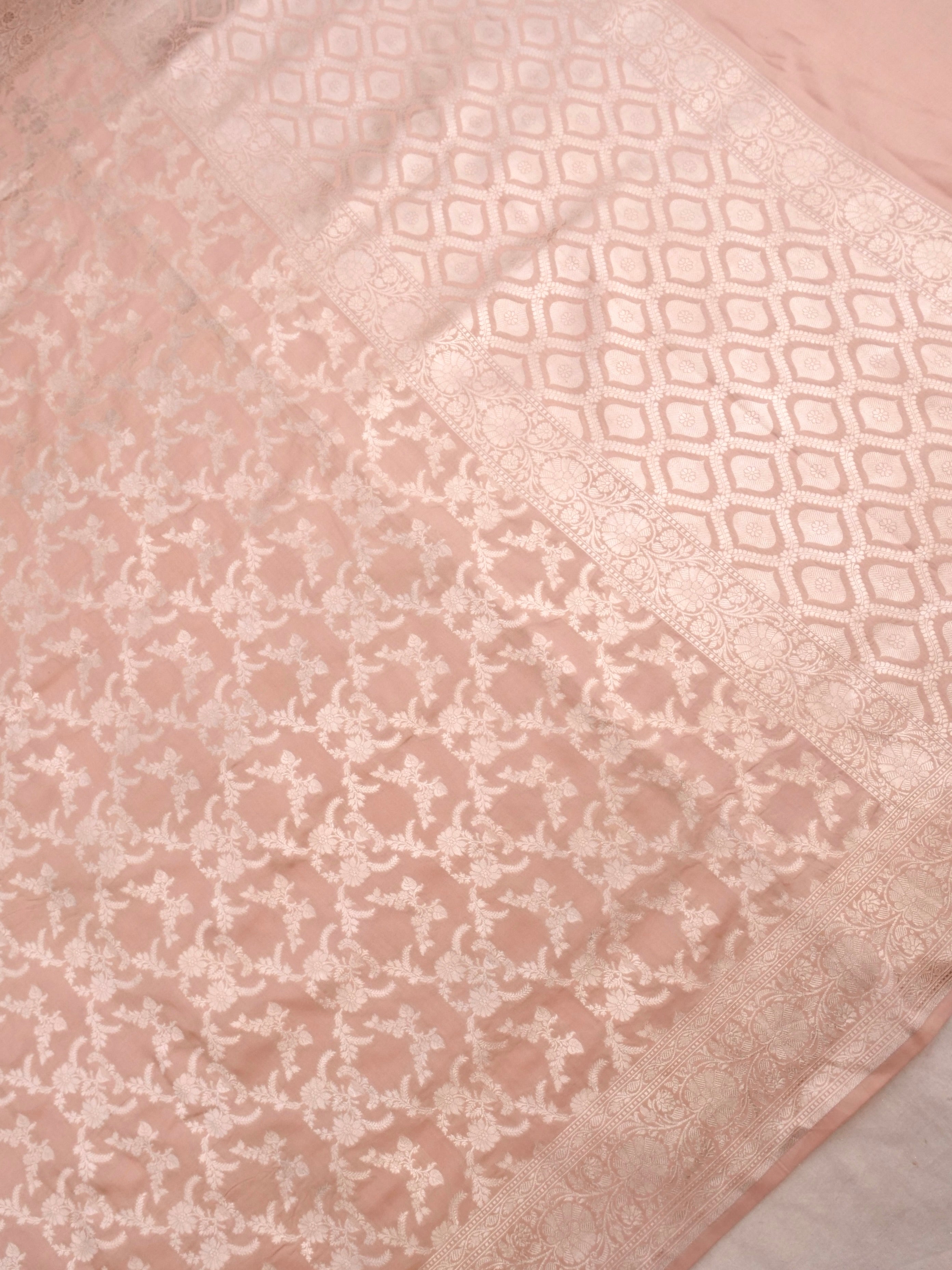 Peach Handwoven Kataan Silk Jangla Banarasi Saree