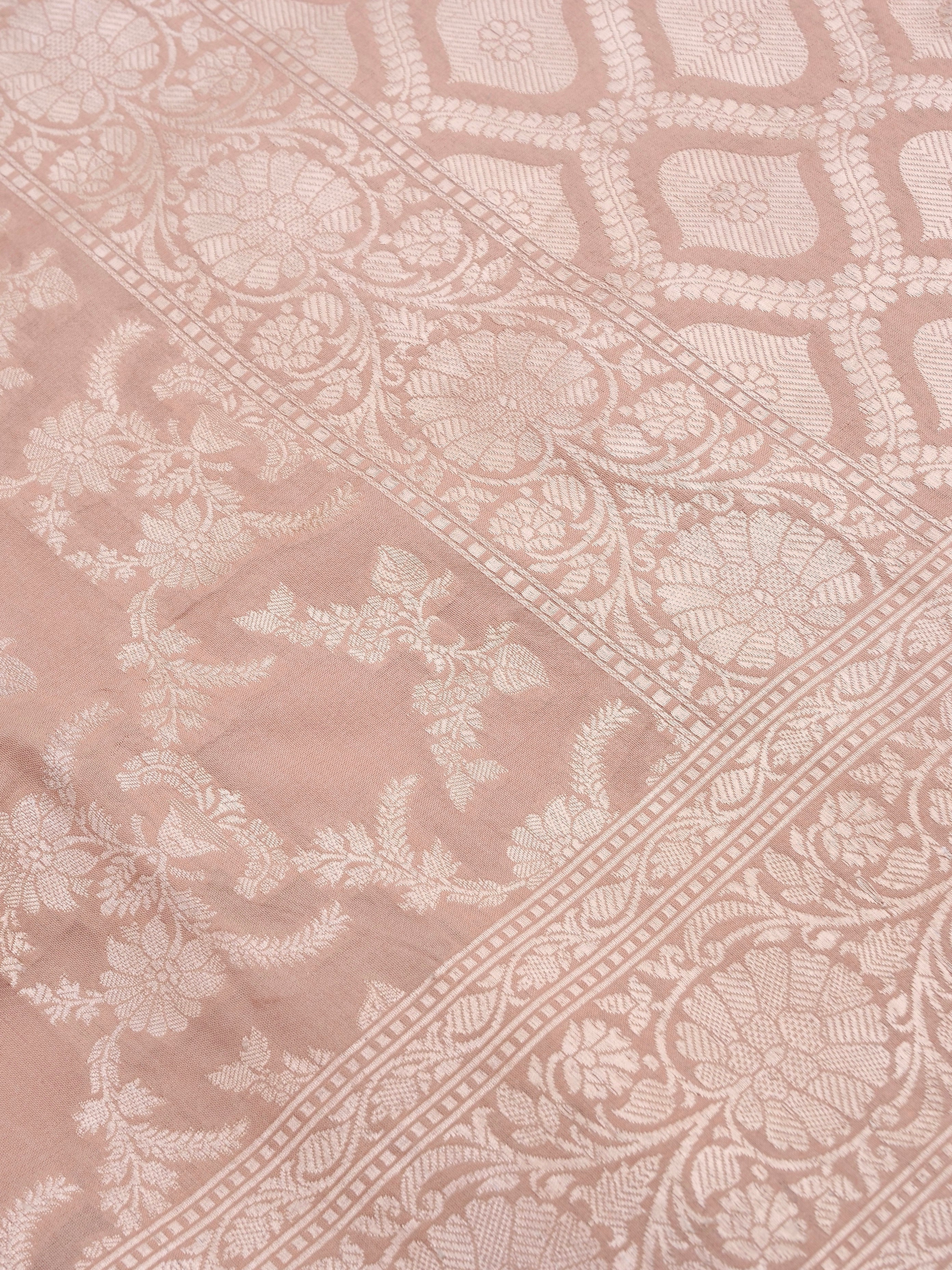 Peach Handwoven Kataan Silk Jangla Banarasi Saree