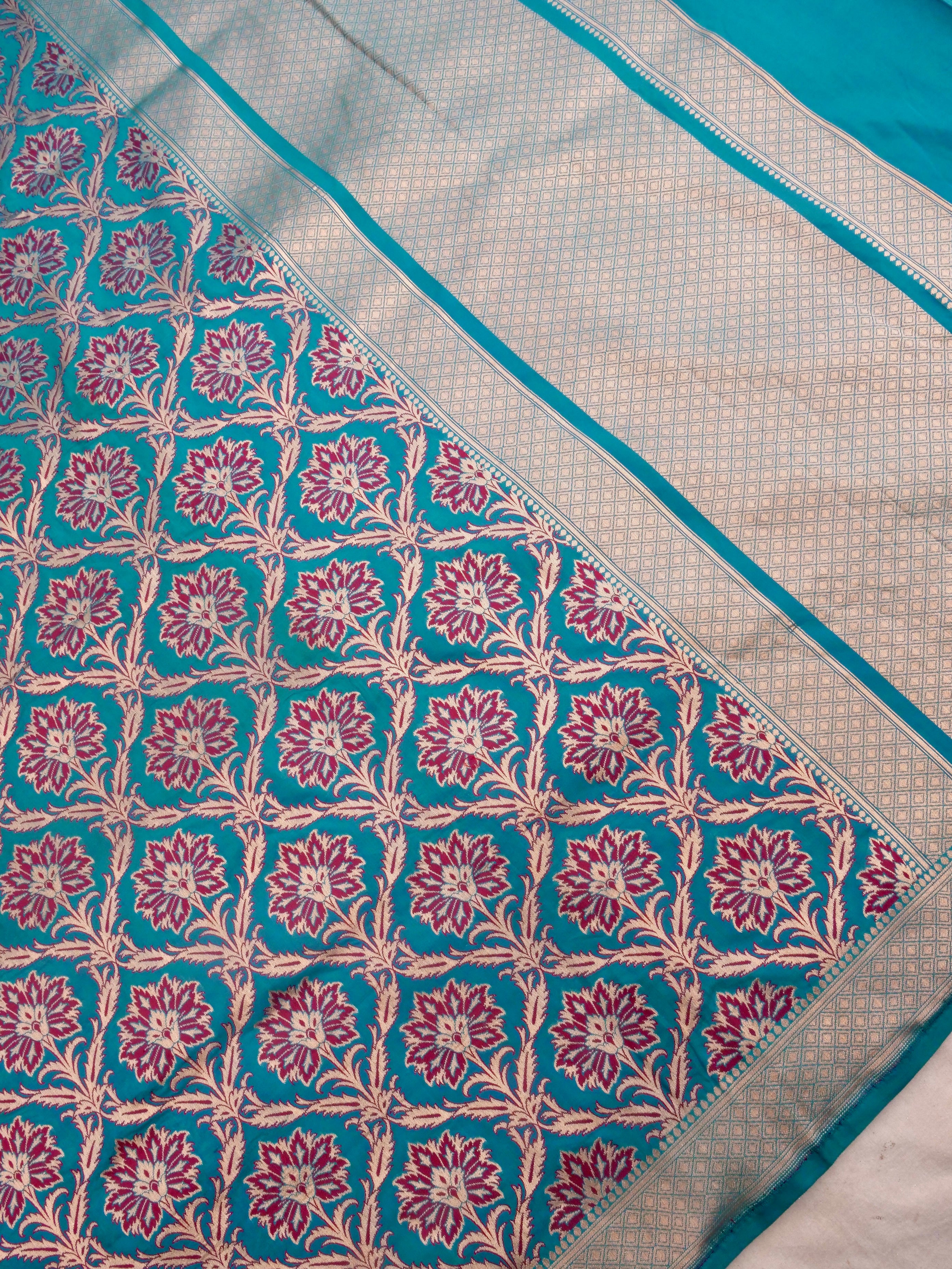Blue Handwoven Kataan Silk Jangla Meenakari Banarasi Saree