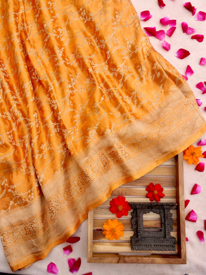Orange Handwoven Pure Silk Shikargah Banarasi Saree