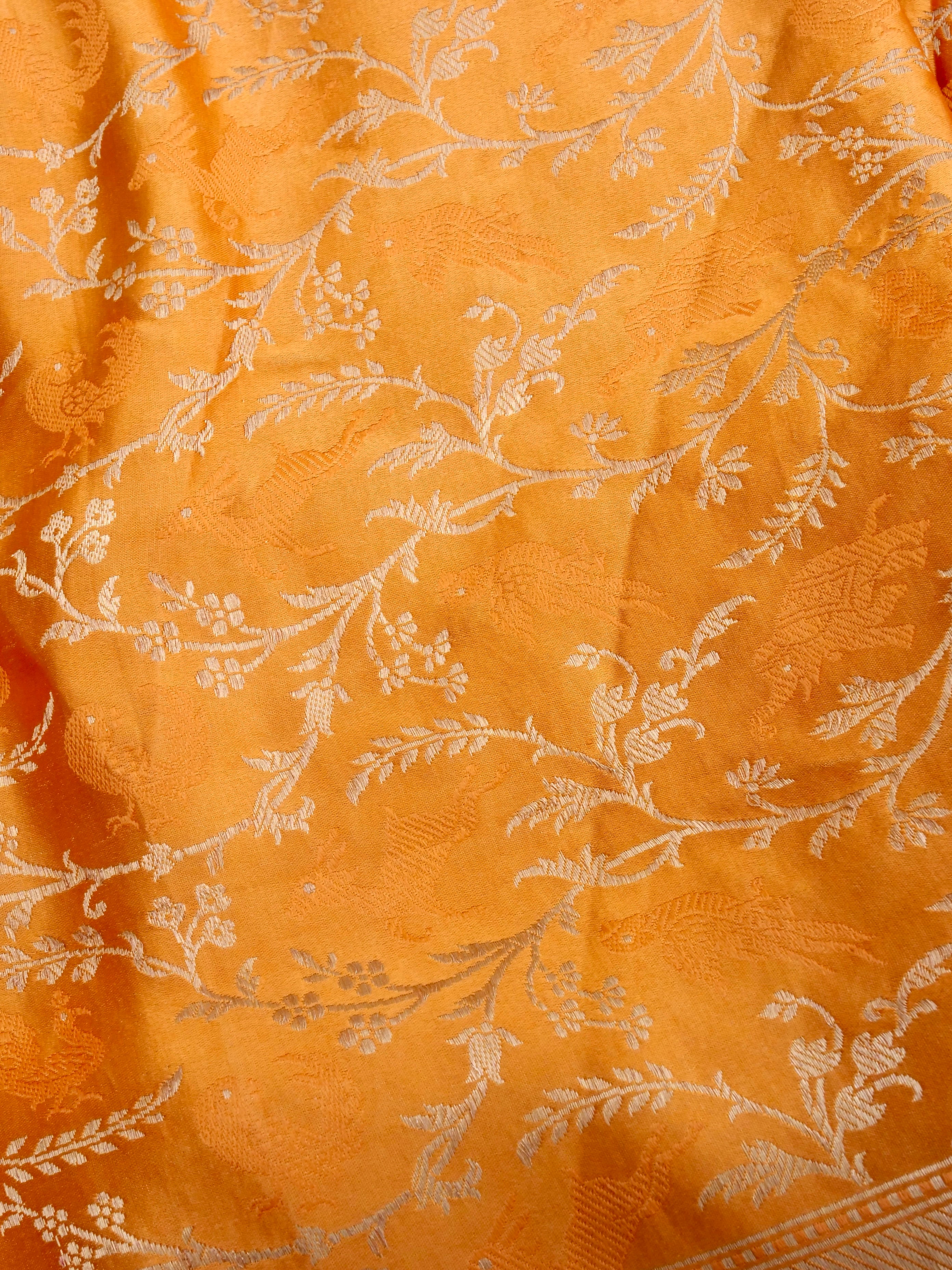 Orange Handwoven Pure Silk Shikargah Banarasi Saree