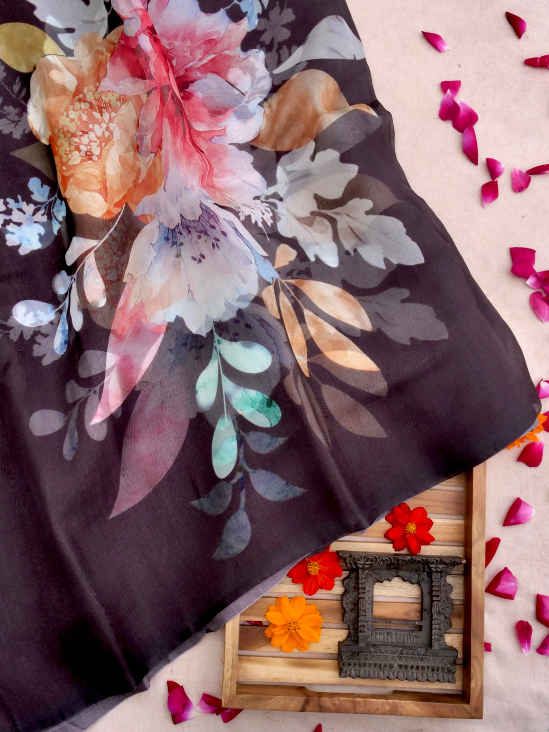 Wine Satin Organza Printed Half Half Saree