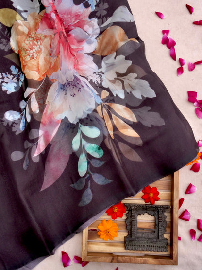 Wine Satin Organza Printed Half Half Saree