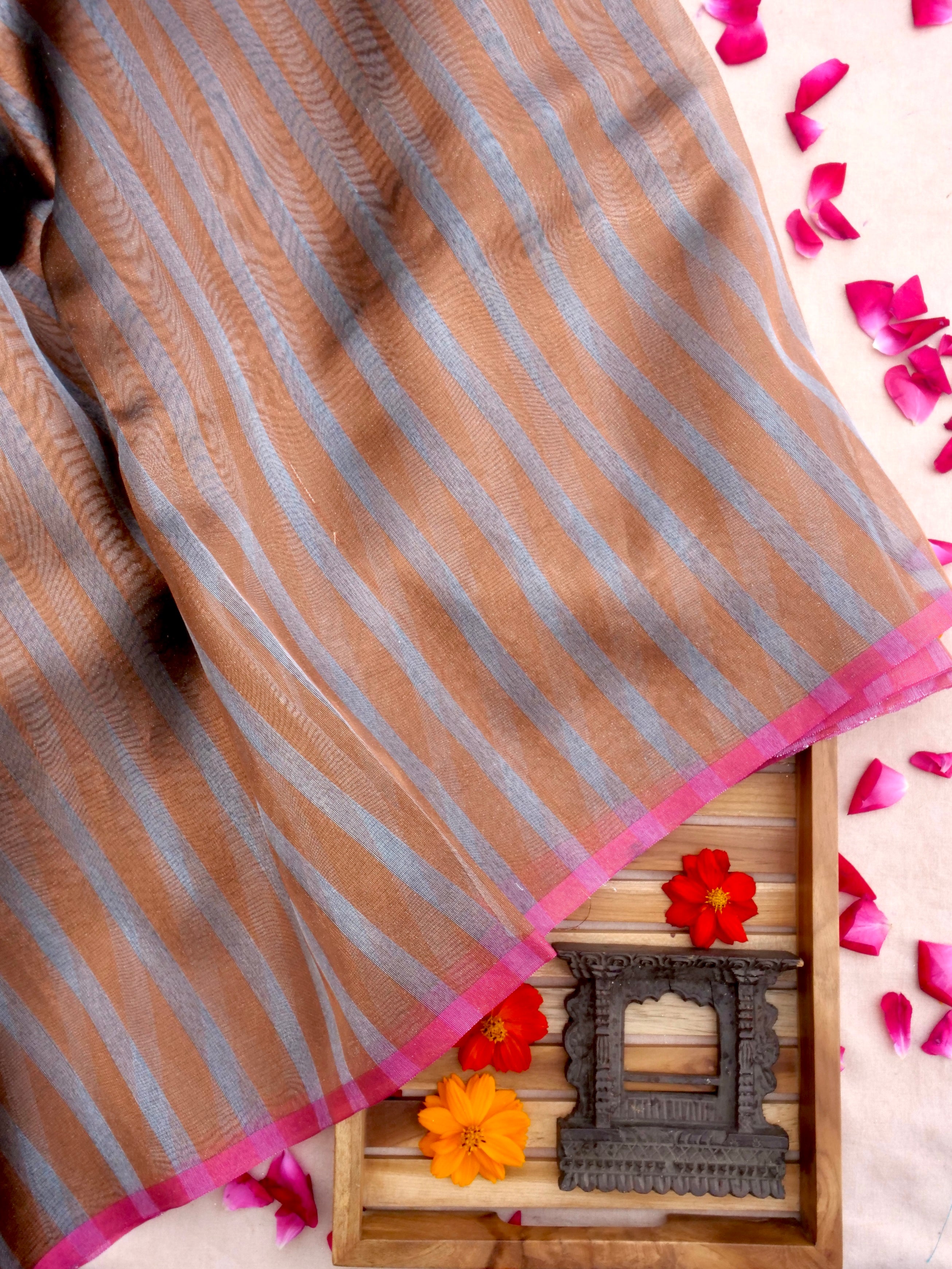 Striped Tissue Banarasi Saree without Border