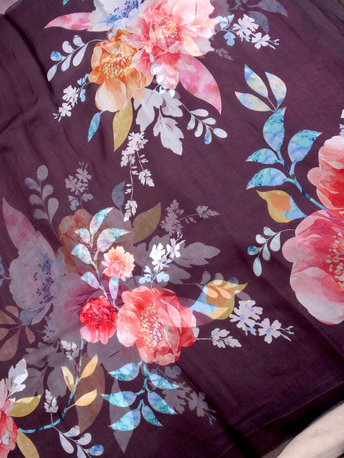 Wine Satin Organza Printed Half Half Saree