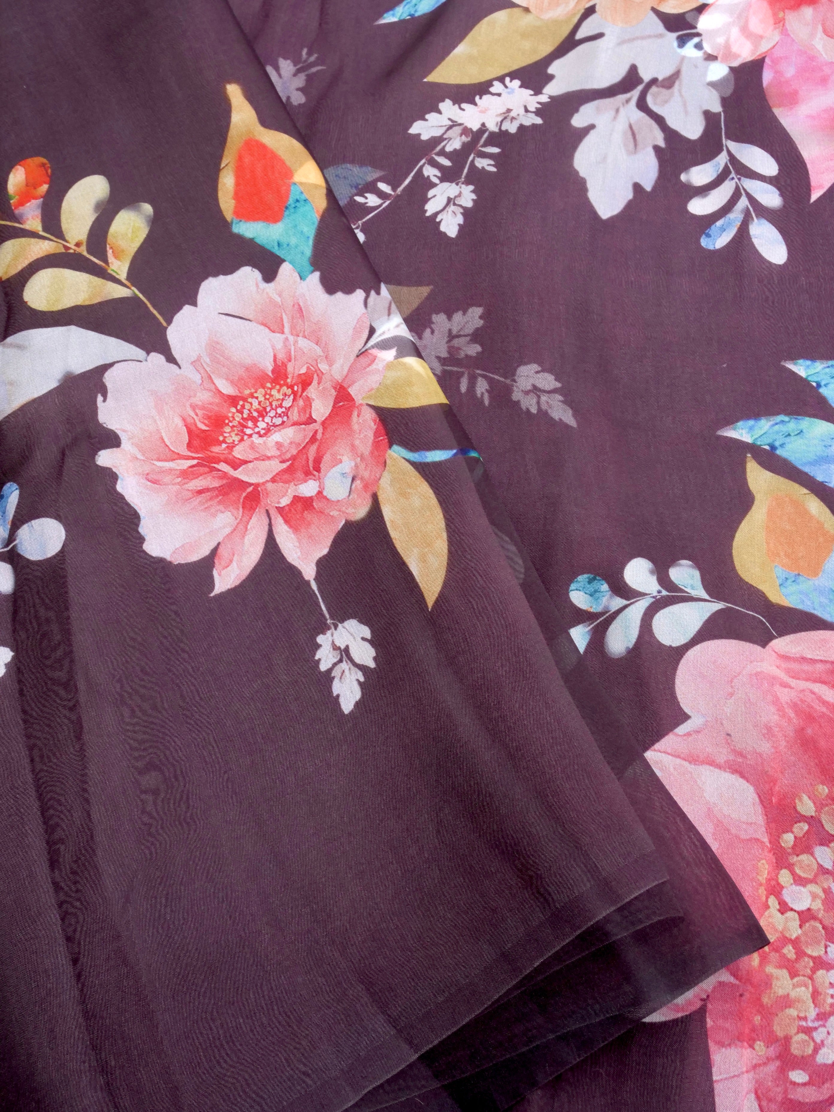 Wine Satin Organza Printed Half Half Saree