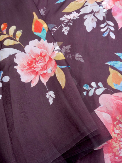 Wine Satin Organza Printed Half Half Saree