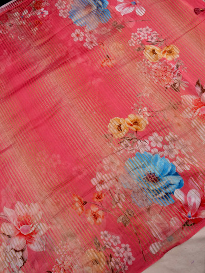 Pink Striped Tissue Chiniya Printed Saree