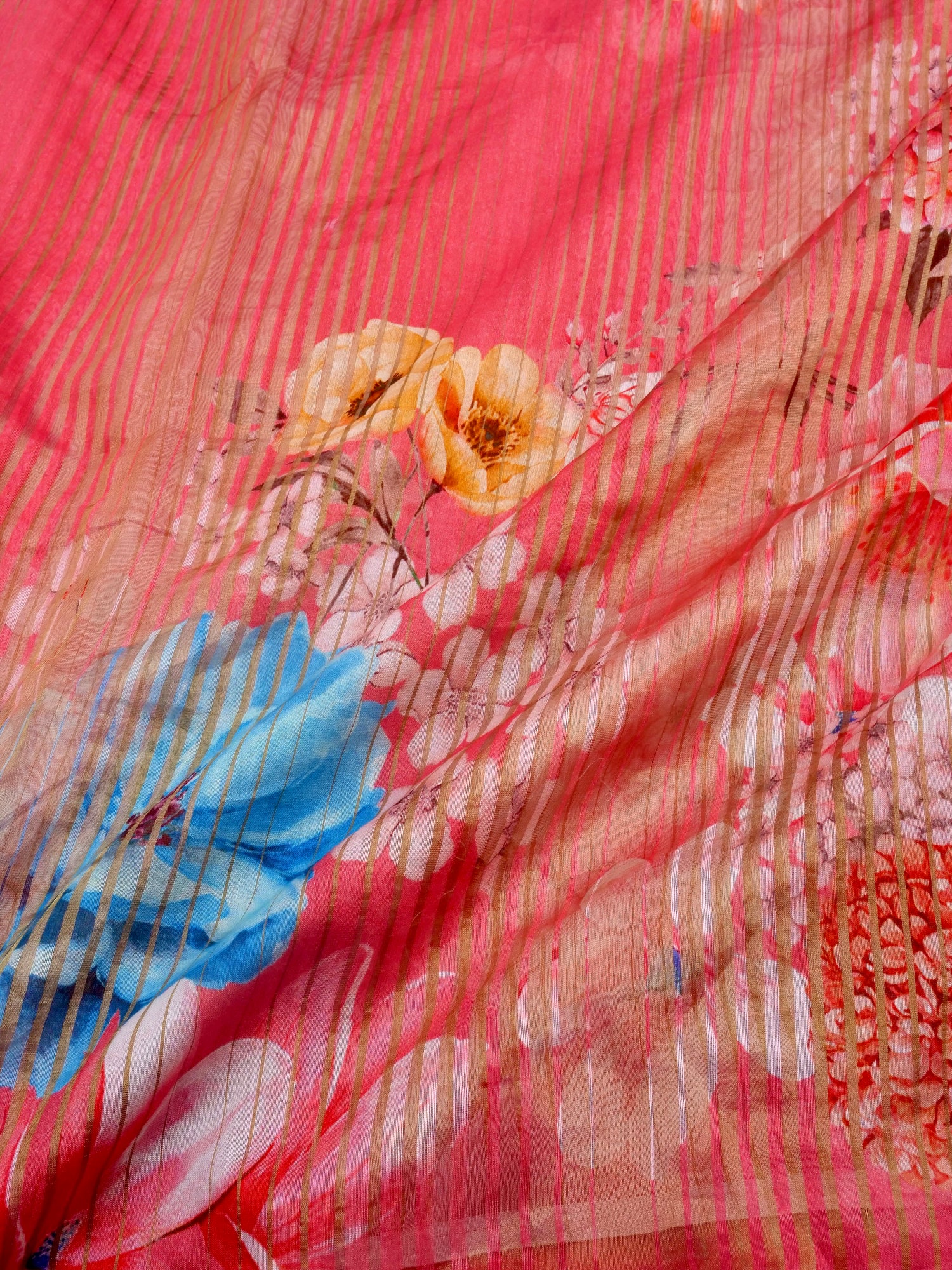 Pink Striped Tissue Chiniya Printed Saree