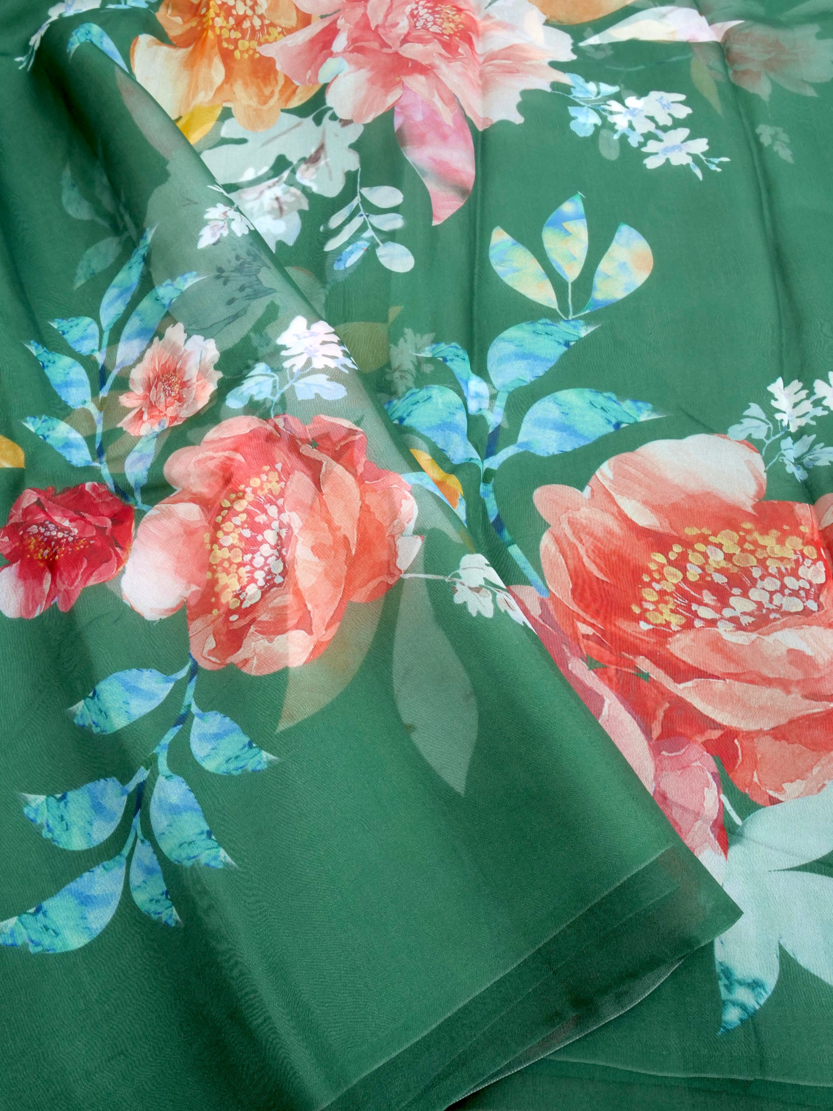 Green Satin Organza Printed Half Half Saree