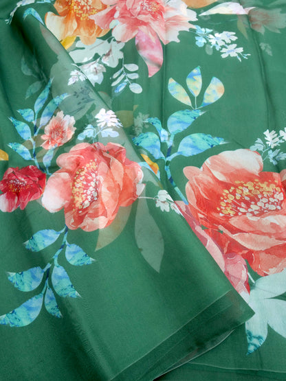 Green Satin Organza Printed Half Half Saree