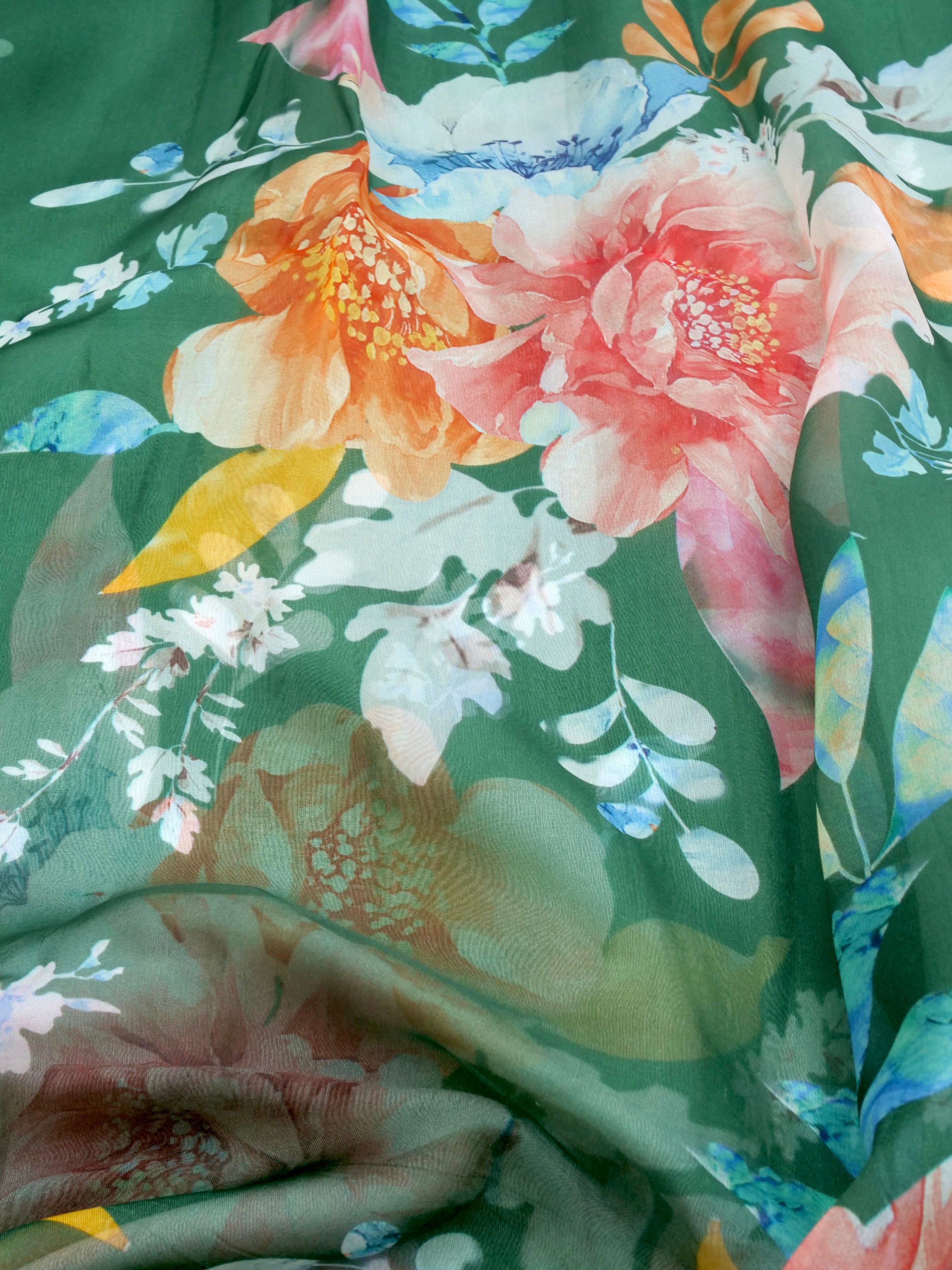 Green Satin Organza Printed Half Half Saree