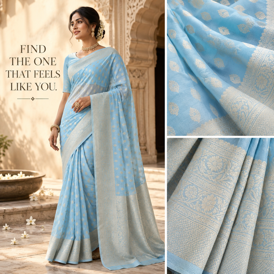 Sky Blue Georgette Silk Buti Banarasi Saree