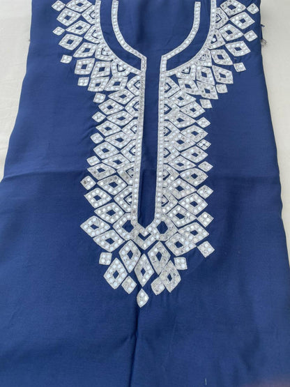 Navy Blue Embroidered Mirror Work Banarasi Fabric