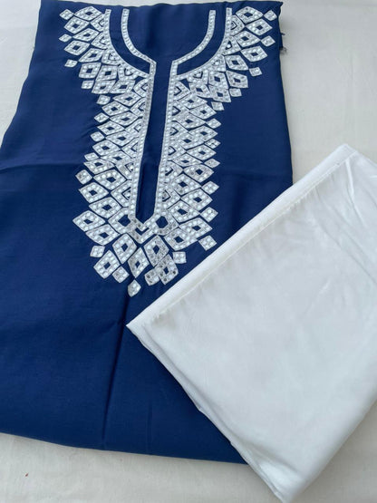 Navy Blue Embroidered Mirror Work Banarasi Fabric