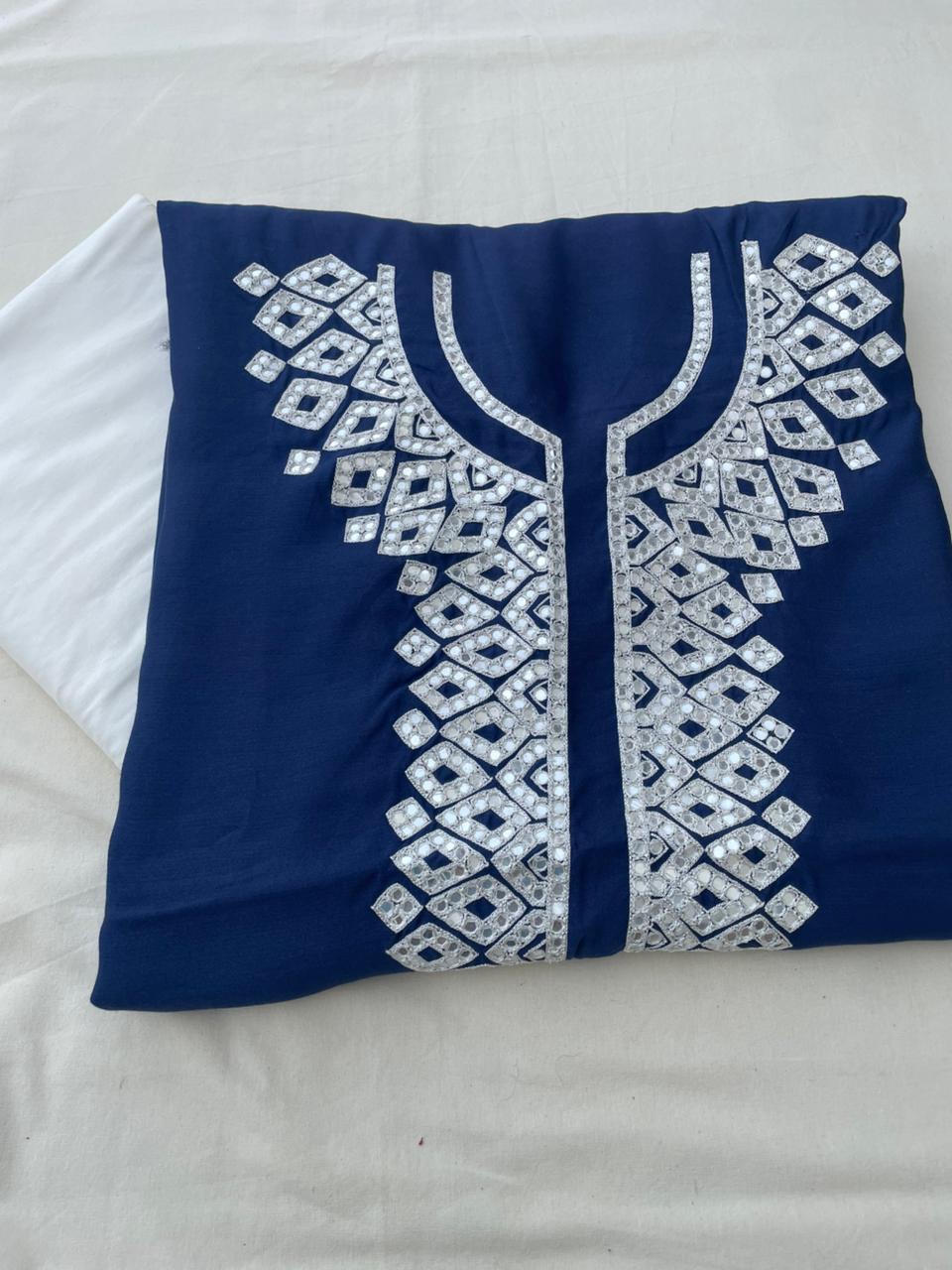 Navy Blue Embroidered Mirror Work Banarasi Fabric
