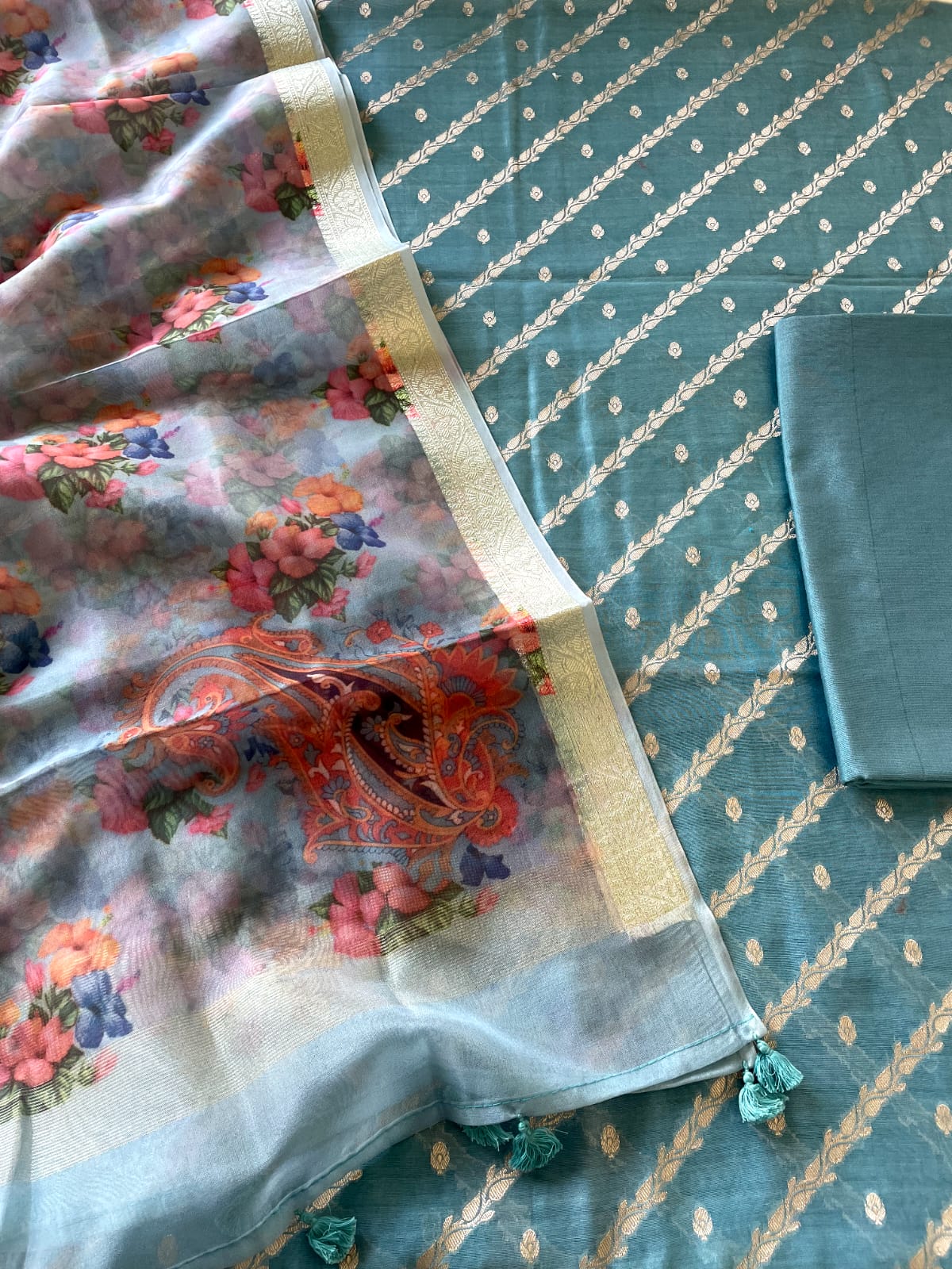 Sky Blue Cotton Silk Suit Set