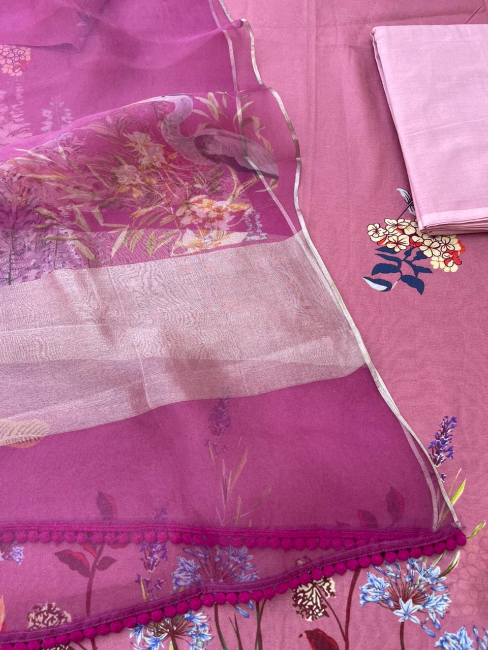 Pink Digital Printed Chanderi Cotton Banarasi Suit Fabric