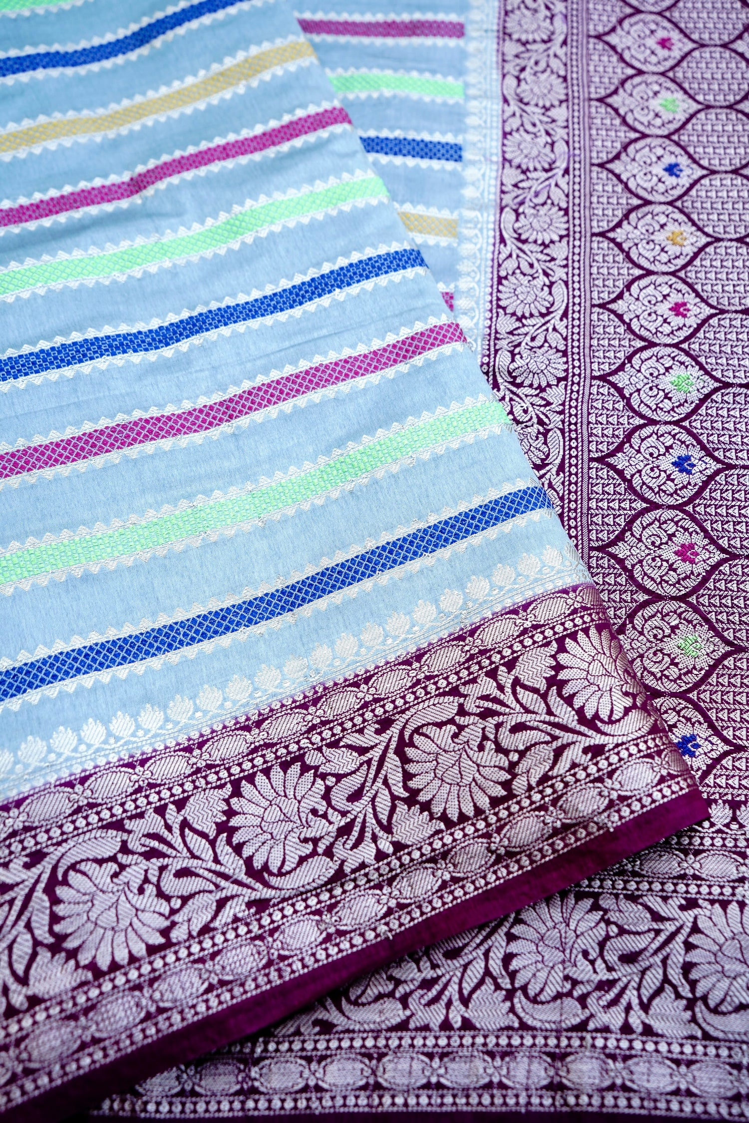 Grey Raw Mango Silk Meena Striped Saree