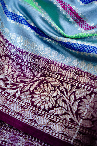 Grey Raw Mango Silk Meena Striped Saree