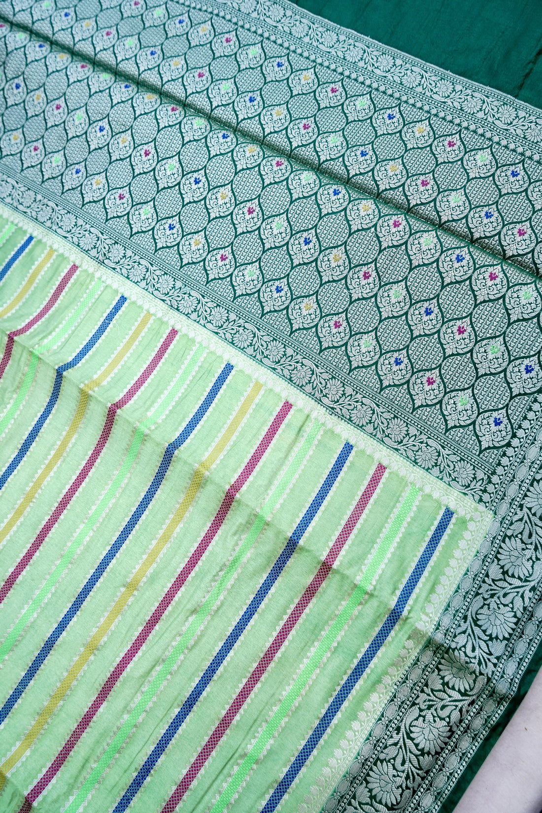 Green Raw Mango Silk Meena Striped Saree