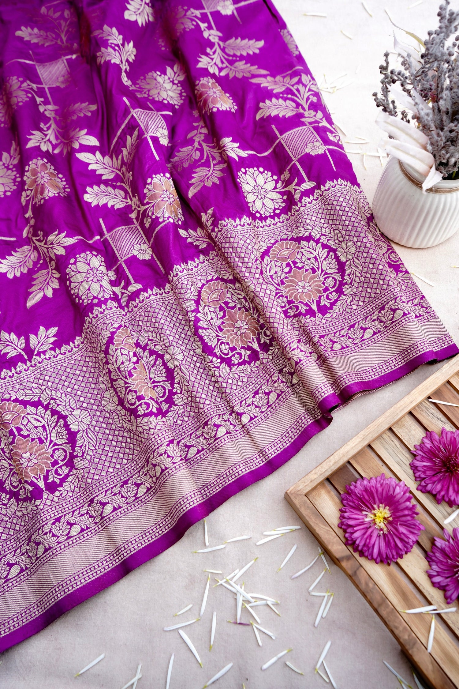 Purple Banarasi Silk Saree with Zari Floral Jaal