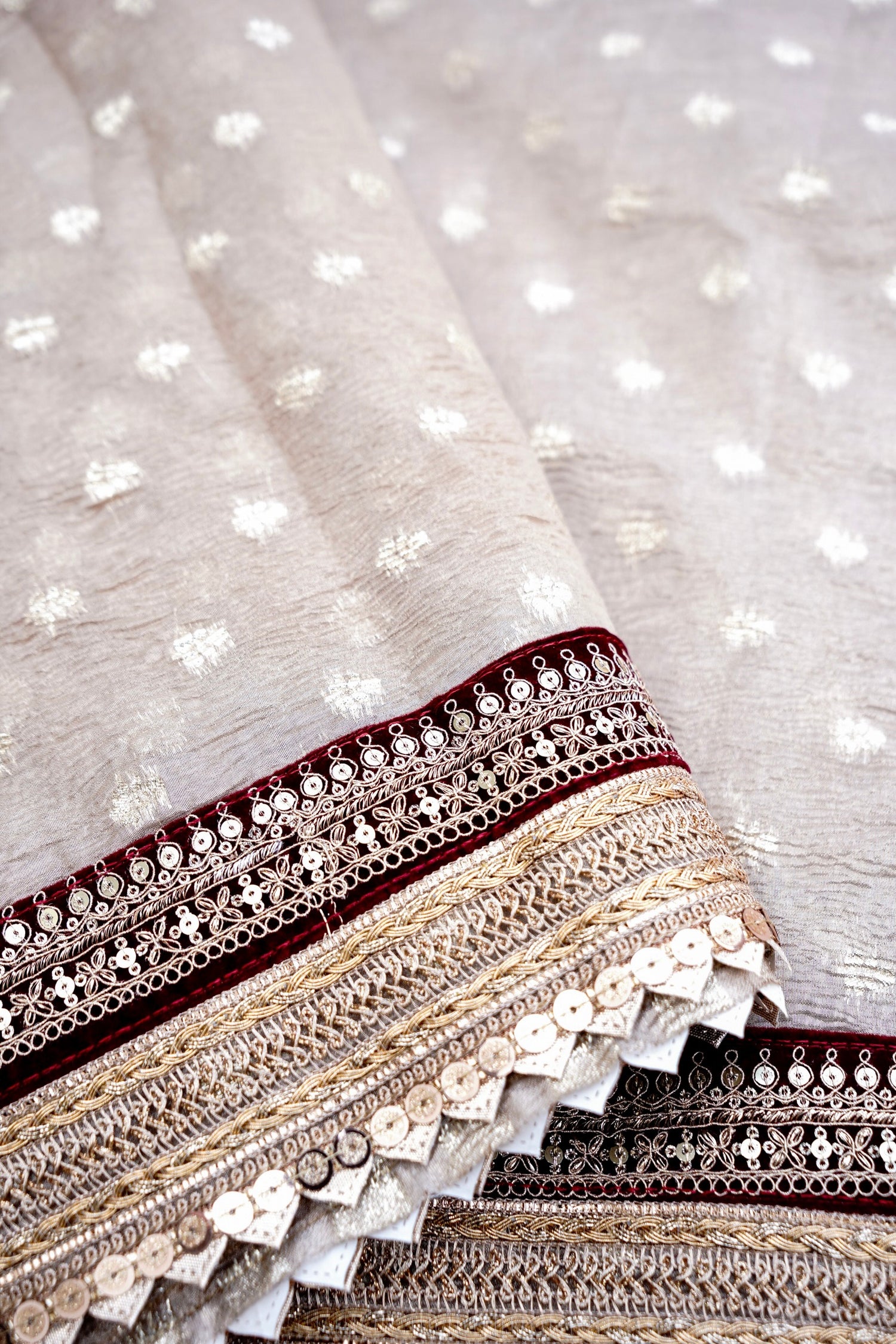 Beige Tissue Silk Saree Buti with Lace Border