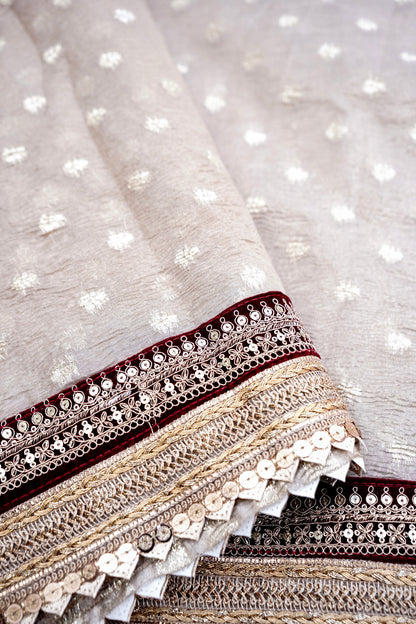 Beige Tissue Silk Saree Buti with Lace Border