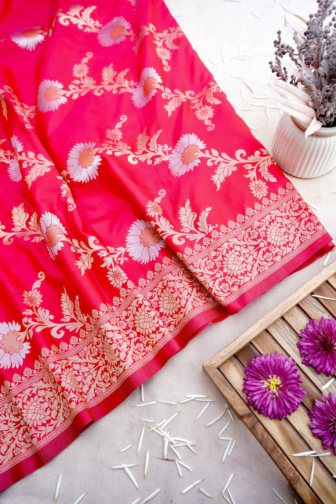 Pink Banarasi Silk Saree with Zari Floral Jaal
