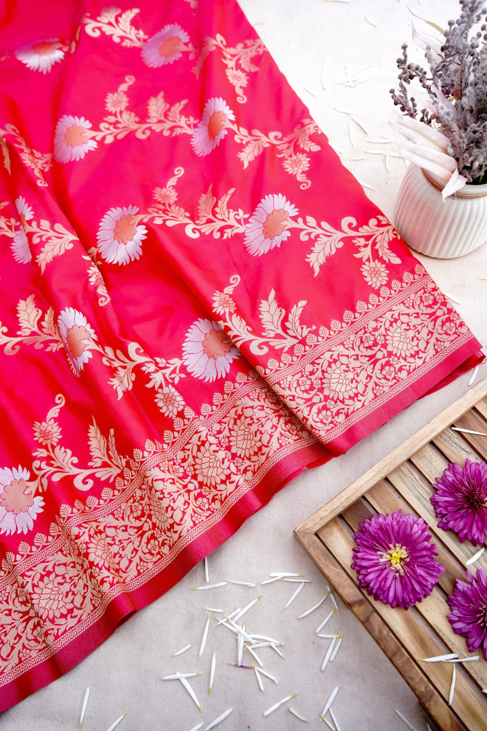 Pink Banarasi Silk Saree with Zari Floral Jaal