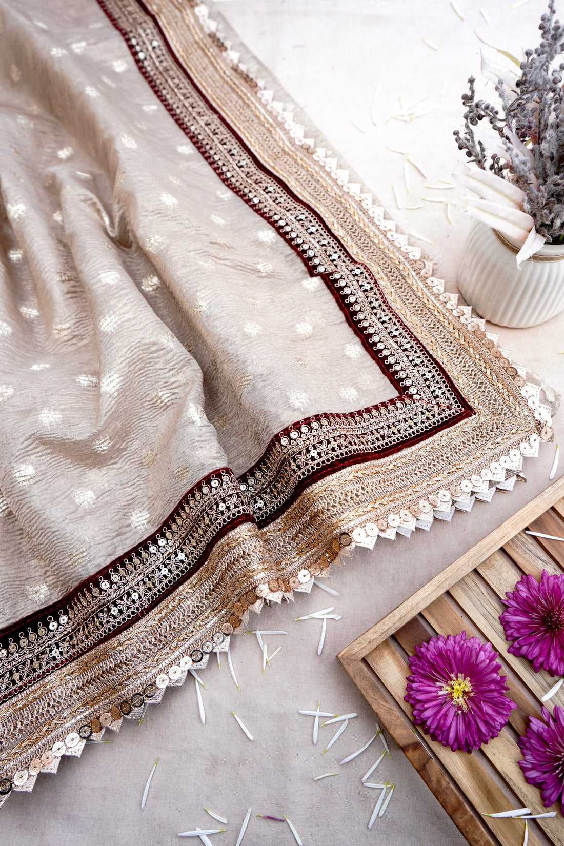 Beige Tissue Silk Saree Buti with Lace Border