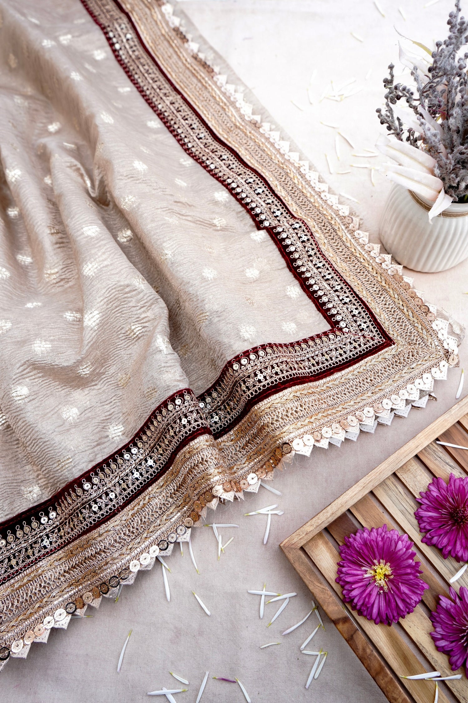 Beige Tissue Silk Saree Buti with Lace Border