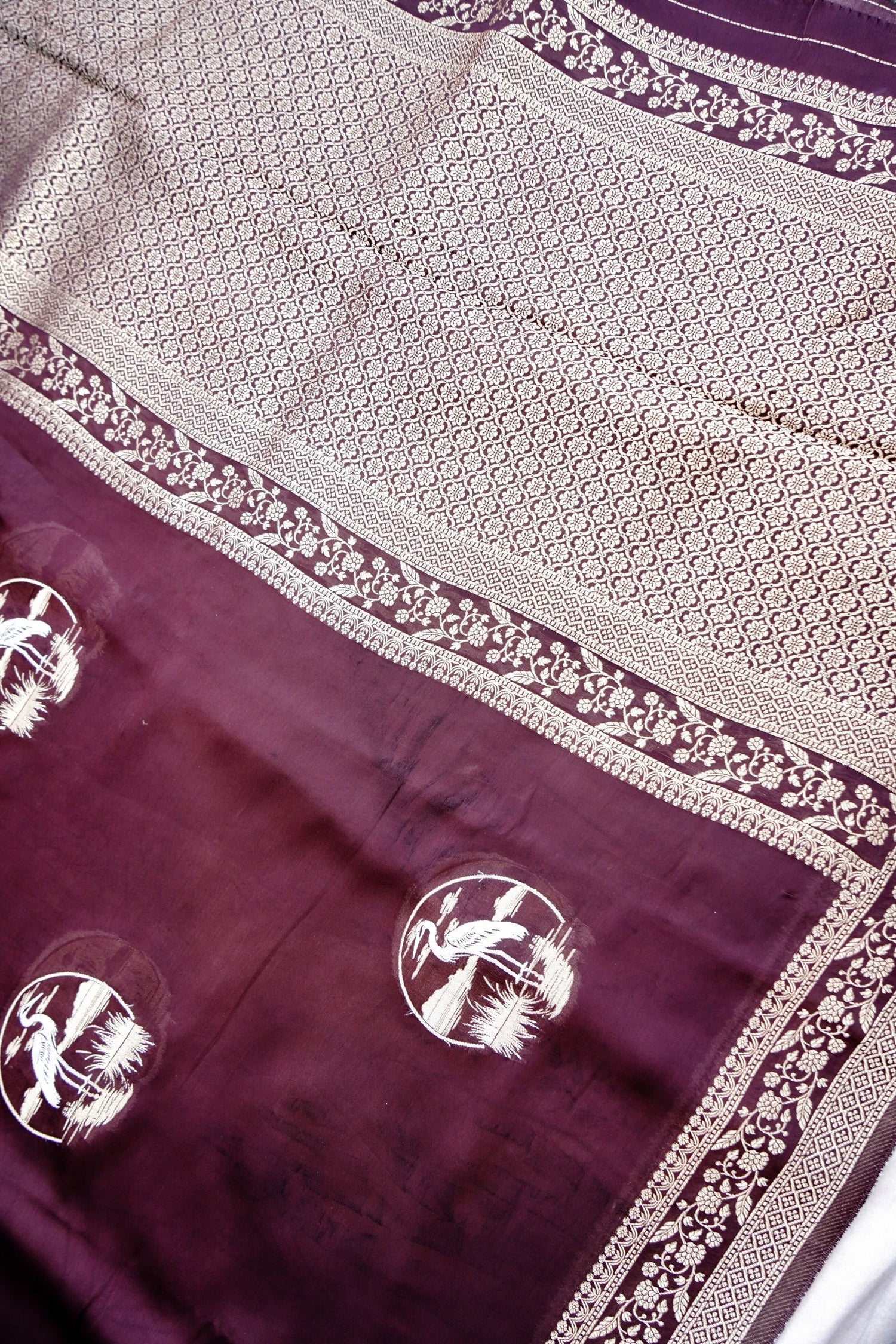 Brown Handwoven Satin Banarasi Saree Shikargah Zari Work