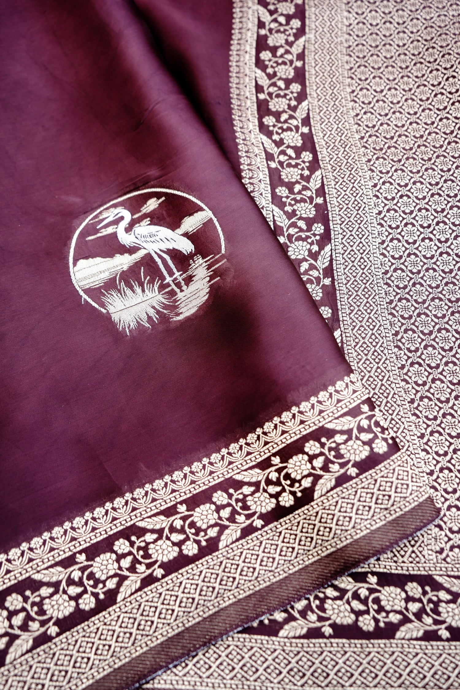 Brown Handwoven Satin Banarasi Saree Shikargah Zari Work