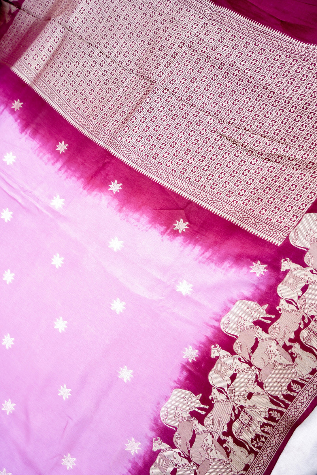 Pink Banarasi Munga Crepe Saree with Shikargah