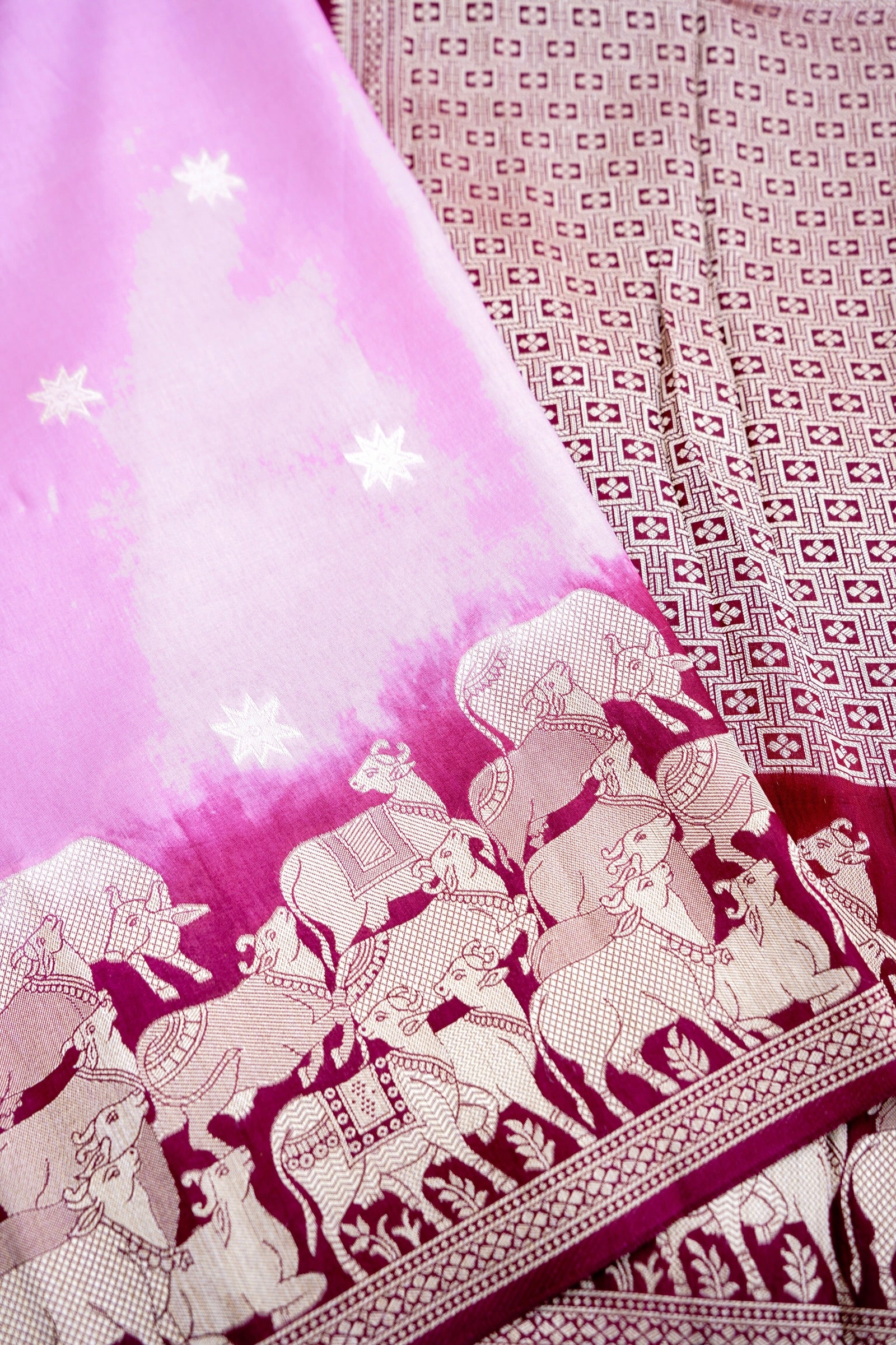 Pink Banarasi Munga Crepe Saree with Shikargah