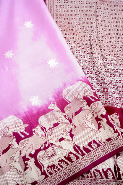 Pink Banarasi Munga Crepe Saree with Shikargah