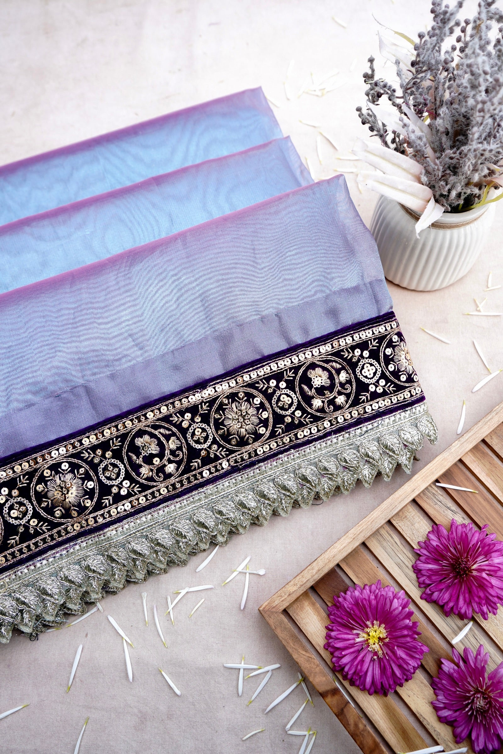 Purple Tissue Silk Saree with Lace Border