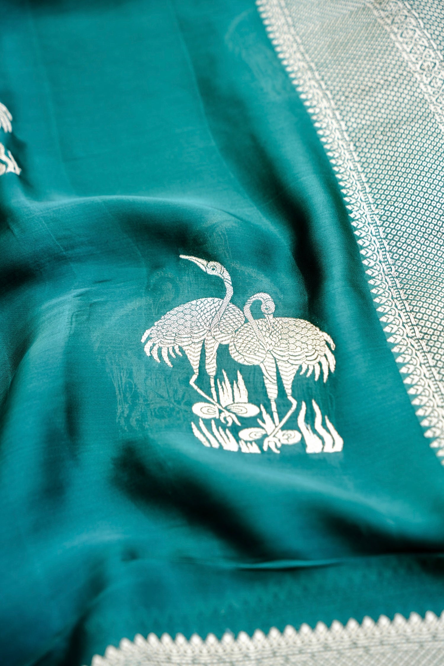Green Banarasi Mashru Saree Buti Shikargah