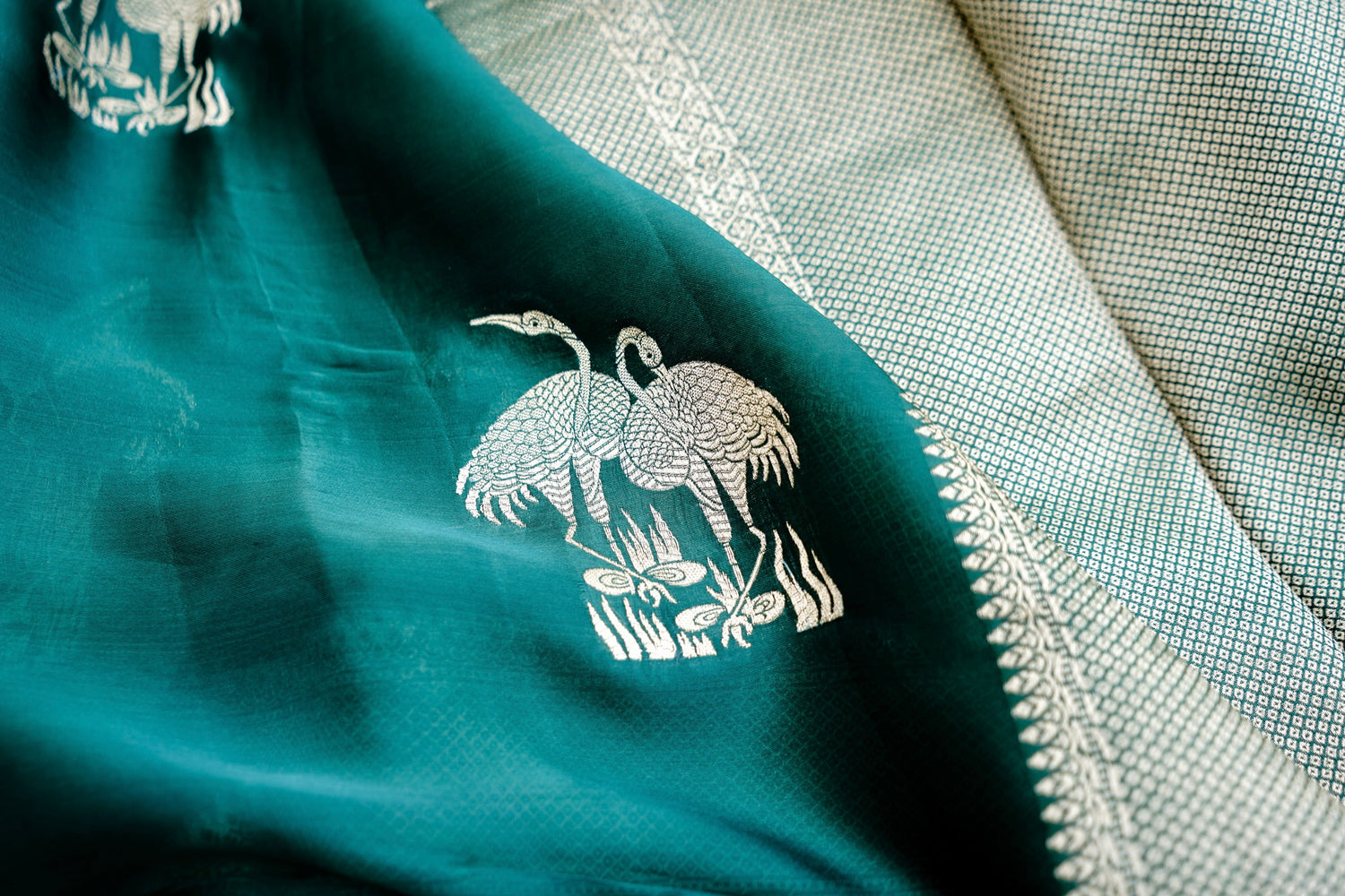 Green Banarasi Mashru Saree Buti Shikargah